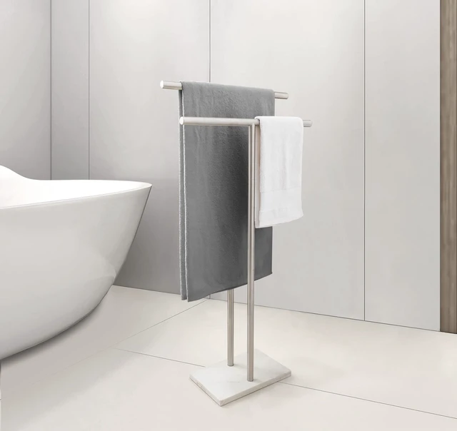 Alt view image 3 of 5 - 40 Inch Standing Towel Rack Double-T Shape Tall Bath Towel Sheet Holder with Marble Design Base for Bathroom Floor Next to Tub or Shower 2 Tier Towel Holder Stand Stainless Steel Brushed Nickel