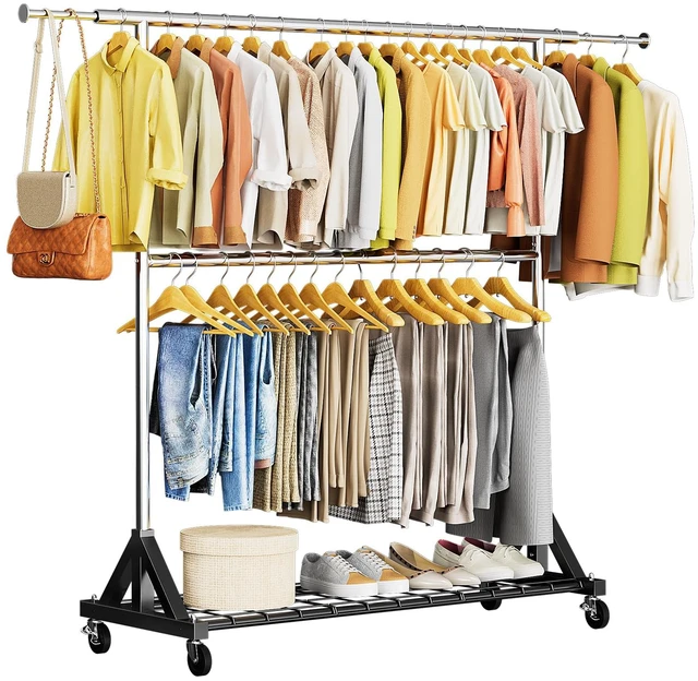 Main image of Heavy Duty Clothes Rack Load 600 LBS, Double Rod Clothing Rack, Rolling Garment Racks with Lockable Wheels, Shelves, Adjustable Laundry Hanging Racks for Clothes