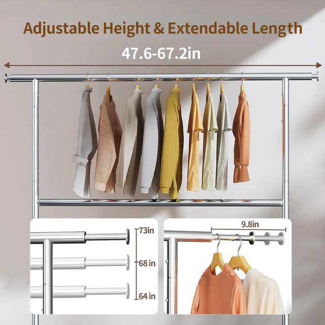 Alt view image 3 of 7 - Heavy Duty Clothes Rack Load 600 LBS, Double Rod Clothing Rack, Rolling Garment Racks with Lockable Wheels, Shelves, Adjustable Laundry Hanging Racks for Clothes