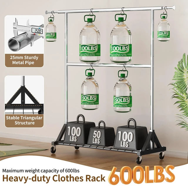Alt view image 2 of 7 - Heavy Duty Clothes Rack Load 600 LBS, Double Rod Clothing Rack, Rolling Garment Racks with Lockable Wheels, Shelves, Adjustable Laundry Hanging Racks for Clothes