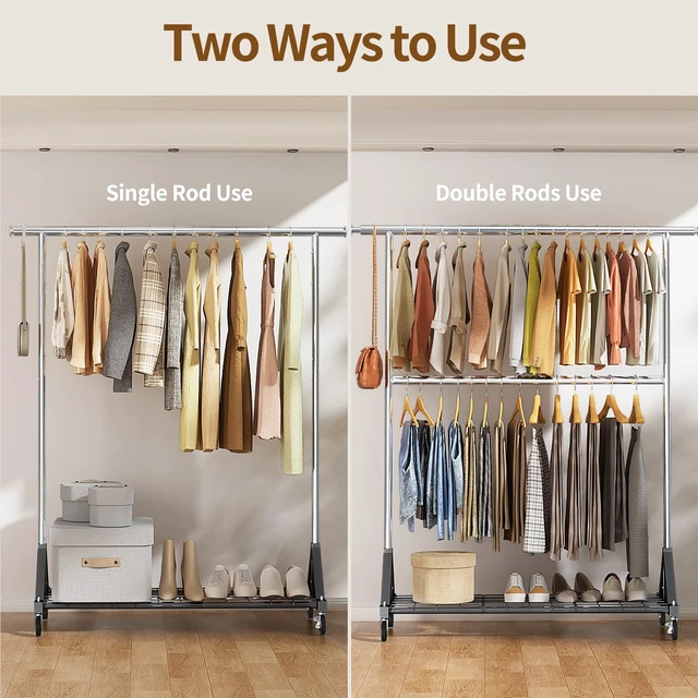 Alt view image 4 of 7 - Heavy Duty Clothes Rack Load 600 LBS, Double Rod Clothing Rack, Rolling Garment Racks with Lockable Wheels, Shelves, Adjustable Laundry Hanging Racks for Clothes