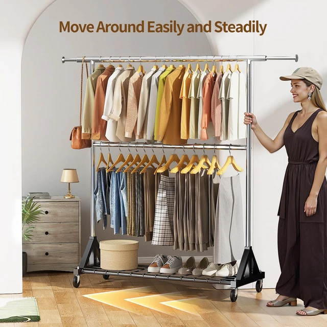 Alt view image 5 of 7 - Heavy Duty Clothes Rack Load 600 LBS, Double Rod Clothing Rack, Rolling Garment Racks with Lockable Wheels, Shelves, Adjustable Laundry Hanging Racks for Clothes