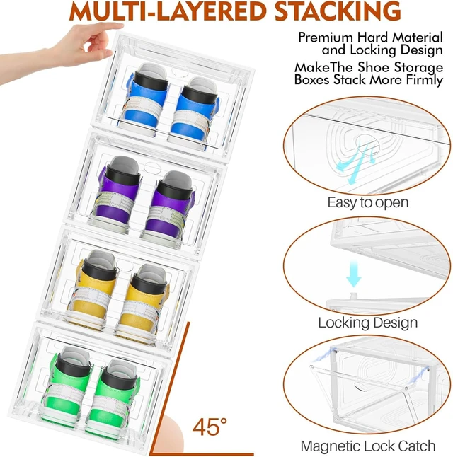 Alt view image 4 of 6 - 10 Pack Thicken Shoe Organizer Stackable | Upgraded Sturdy Shoe Storage Box with Magnetic Door,Shoe Containers For Sneaker Display,Hat Organizer,White