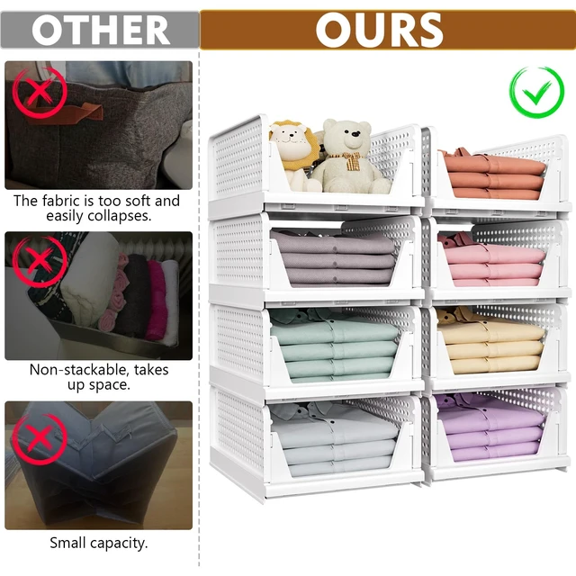 Alt view image 2 of 7 - 8 Pack Closet Organizers and Storage, Stackable & Foldable Closet Bins | Closet Storage Basket for Bathroom, Kitchen, Laundry Room, Drawer Shelf & Wardrobe Storage, Space-Saving Design, White