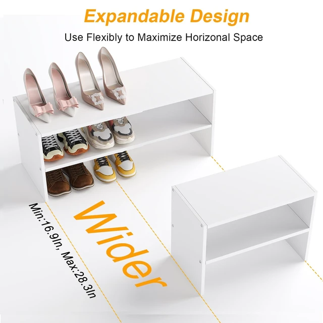 Alt view image 4 of 7 - 2 Pack White Shoe Rack for Closet, 2-Tier Expandable Small Shoe Shelf, Stackable Iron Wood Combination Shoe Organizer Racks Shelves for Closets, Entryway, Hallway, Garage, Holds 12-24 Pairs