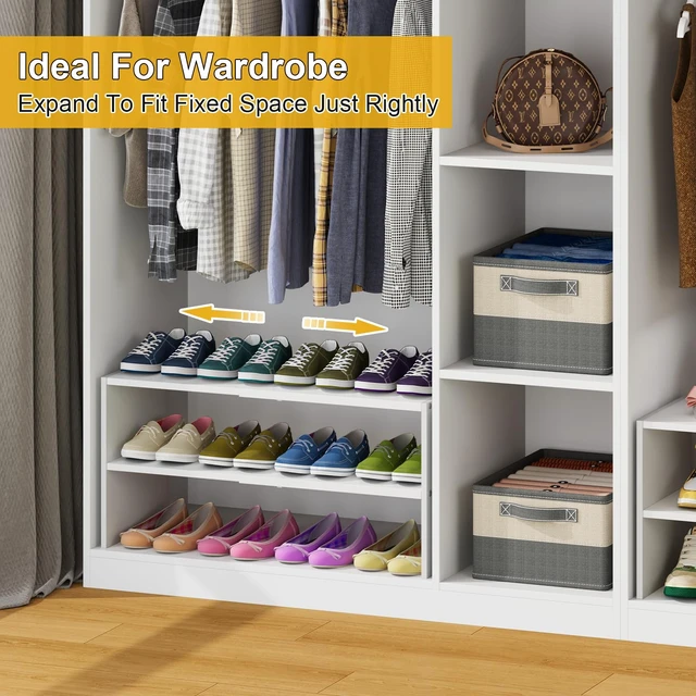 Alt view image 6 of 7 - 2 Pack White Shoe Rack for Closet, 2-Tier Expandable Small Shoe Shelf, Stackable Iron Wood Combination Shoe Organizer Racks Shelves for Closets, Entryway, Hallway, Garage, Holds 12-24 Pairs
