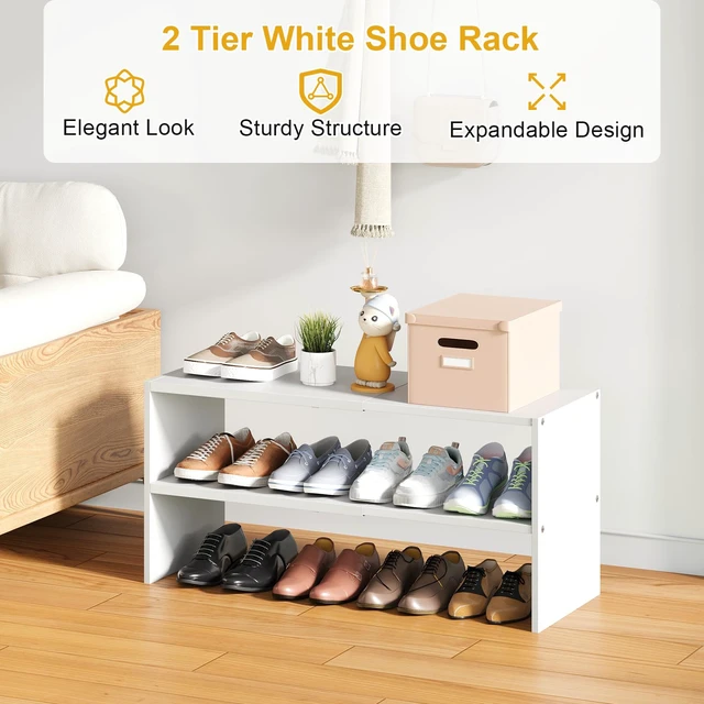 Alt view image 3 of 7 - 2 Pack White Shoe Rack for Closet, 2-Tier Expandable Small Shoe Shelf, Stackable Iron Wood Combination Shoe Organizer Racks Shelves for Closets, Entryway, Hallway, Garage, Holds 12-24 Pairs