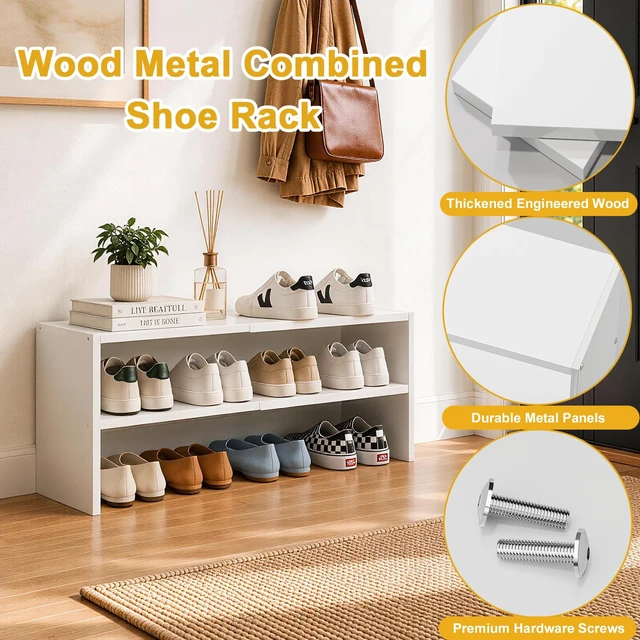 Alt view image 5 of 7 - 2 Pack White Shoe Rack for Closet, 2-Tier Expandable Small Shoe Shelf, Stackable Iron Wood Combination Shoe Organizer Racks Shelves for Closets, Entryway, Hallway, Garage, Holds 12-24 Pairs
