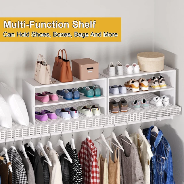 Alt view image 7 of 7 - 2 Pack White Shoe Rack for Closet, 2-Tier Expandable Small Shoe Shelf, Stackable Iron Wood Combination Shoe Organizer Racks Shelves for Closets, Entryway, Hallway, Garage, Holds 12-24 Pairs