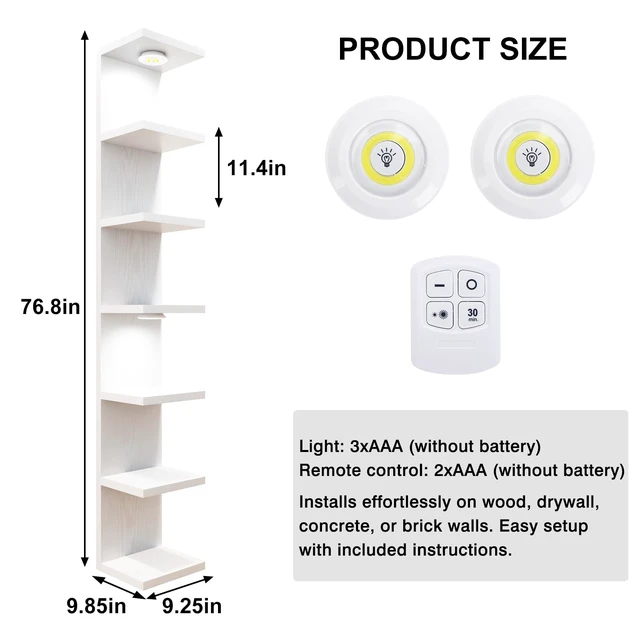 Alt view image 3 of 7 - 7 Tier Wall Shelf with LED Lights Lack Shelf for Room Decor White | 76.8in Tall, Holds 11Lbs per Tier, Flexible Section Installation, Fits Any Room Decor