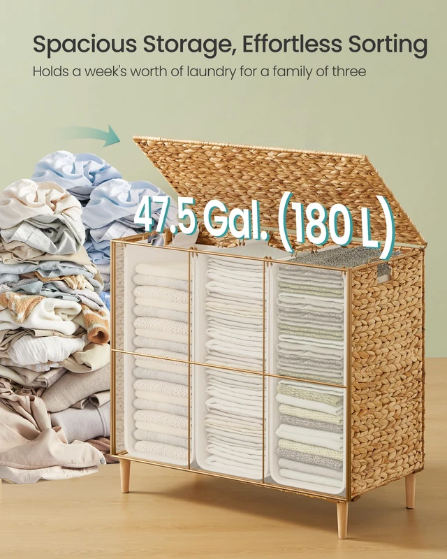 Alt view image 2 of 6 - Laundry Hamper With Lid, 180 L Wicker Handwoven Water Hyacinth | Wicker Laundry Basket 3 Sections, Natural Material, Removable Machine Washable Liners, Natural ELIOTT Collection ULCB203Y01