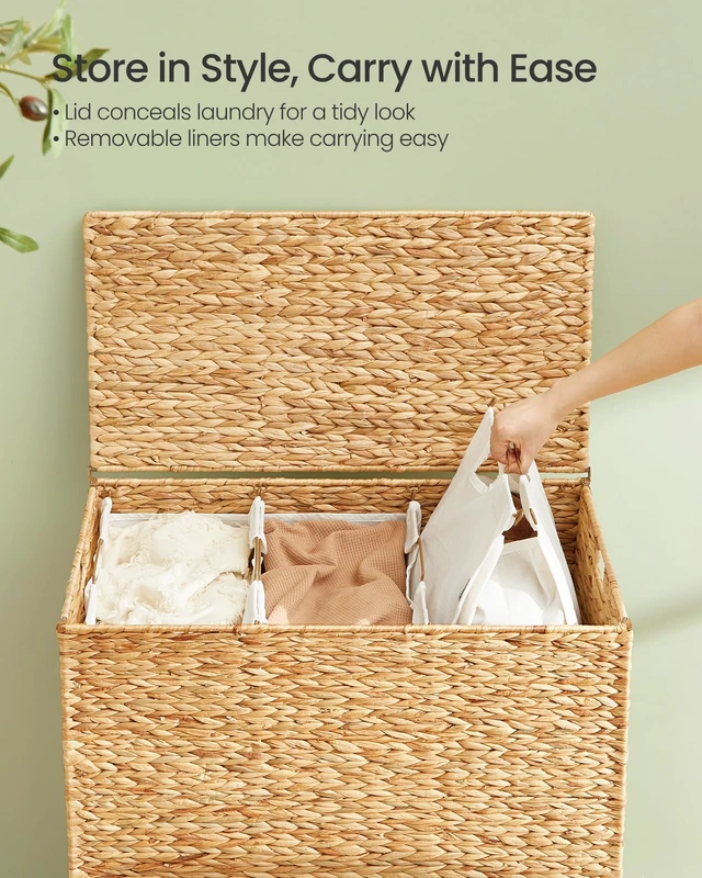 Alt view image 3 of 6 - Laundry Hamper With Lid, 180 L Wicker Handwoven Water Hyacinth | Wicker Laundry Basket 3 Sections, Natural Material, Removable Machine Washable Liners, Natural ELIOTT Collection ULCB203Y01