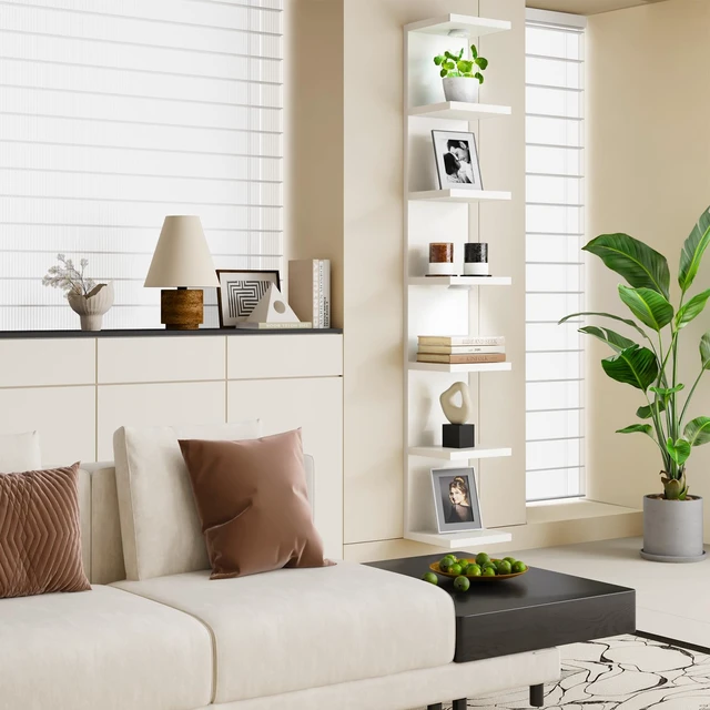 Alt view image 5 of 7 - 7 Tier Wall Shelf with LED Lights Lack Shelf for Room Decor White | 76.8in Tall, Holds 11Lbs per Tier, Flexible Section Installation, Fits Any Room Decor