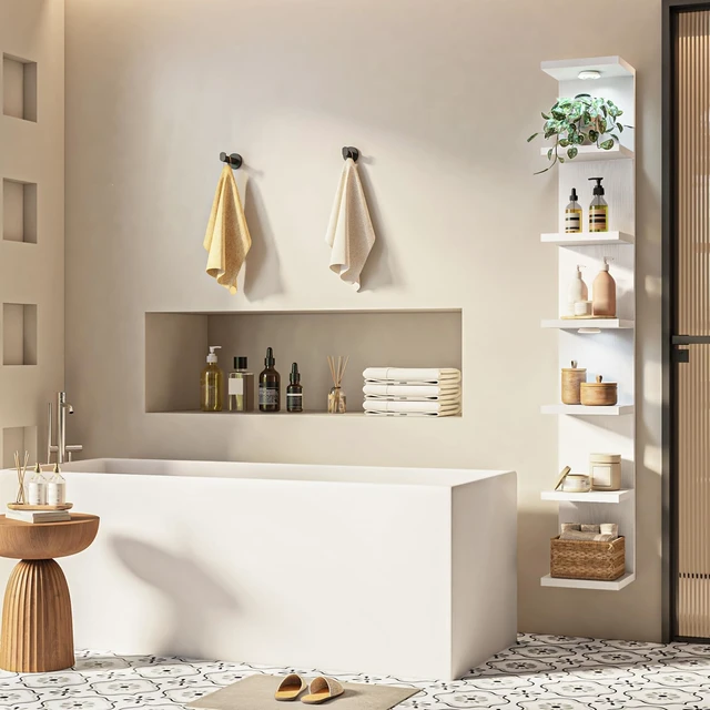 Alt view image 6 of 7 - 7 Tier Wall Shelf with LED Lights Lack Shelf for Room Decor White | 76.8in Tall, Holds 11Lbs per Tier, Flexible Section Installation, Fits Any Room Decor