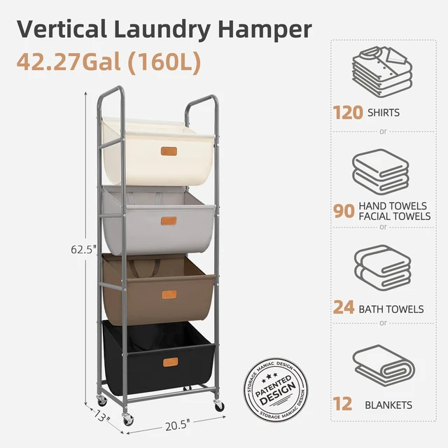 Alt view image 3 of 7 - Vertical Rolling Laundry Hamper, 4 Section Laundry Sorter with Wheels and 2 Breaks, 4-tier Laundry Baskets for Small Space, Dorm, Laundry Room, Closet, Multicolored 4-tier