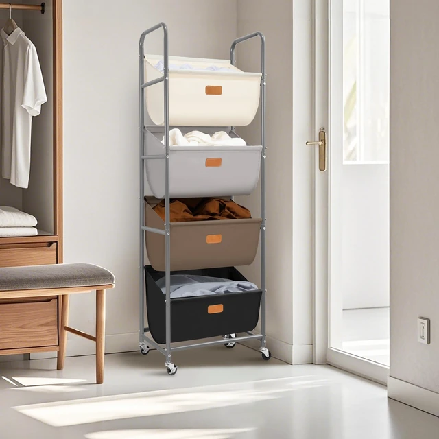 Alt view image 7 of 7 - Vertical Rolling Laundry Hamper, 4 Section Laundry Sorter with Wheels and 2 Breaks, 4-tier Laundry Baskets for Small Space, Dorm, Laundry Room, Closet, Multicolored 4-tier