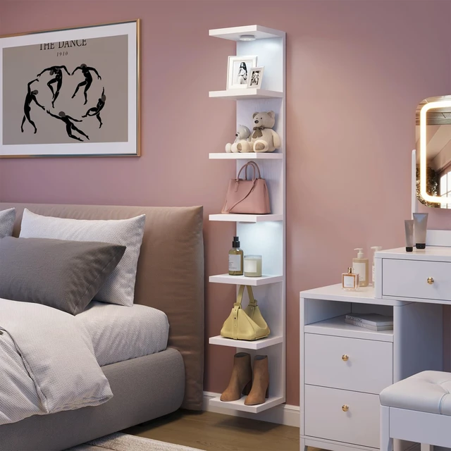 Alt view image 4 of 7 - 7 Tier Wall Shelf with LED Lights Lack Shelf for Room Decor White | 76.8in Tall, Holds 11Lbs per Tier, Flexible Section Installation, Fits Any Room Decor