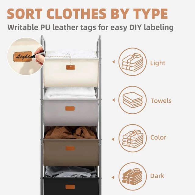 Alt view image 5 of 7 - Vertical Rolling Laundry Hamper, 4 Section Laundry Sorter with Wheels and 2 Breaks, 4-tier Laundry Baskets for Small Space, Dorm, Laundry Room, Closet, Multicolored 4-tier