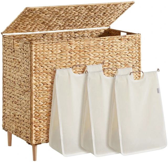 Main image of Laundry Hamper With Lid, 180 L Wicker Handwoven Water Hyacinth | Wicker Laundry Basket 3 Sections, Natural Material, Removable Machine Washable Liners, Natural ELIOTT Collection ULCB203Y01
