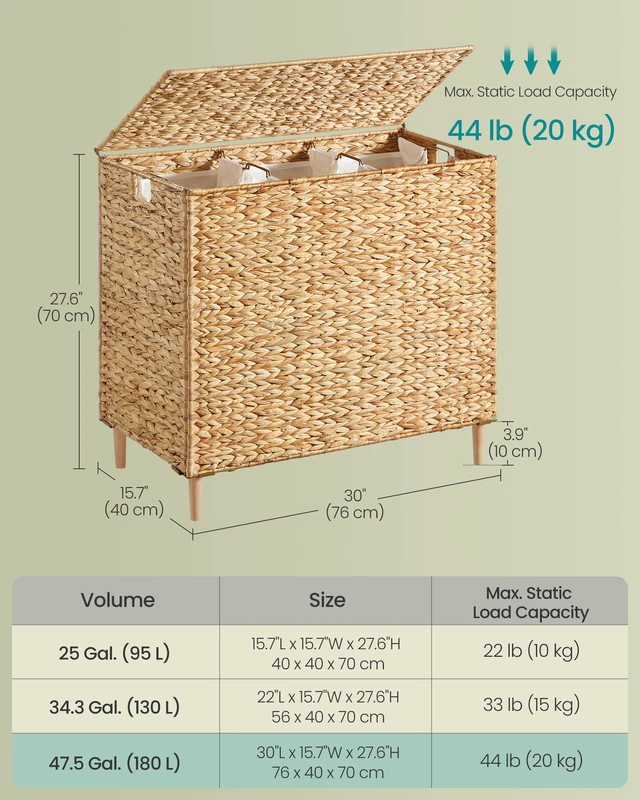 Alt view image 5 of 6 - Laundry Hamper With Lid, 180 L Wicker Handwoven Water Hyacinth | Wicker Laundry Basket 3 Sections, Natural Material, Removable Machine Washable Liners, Natural ELIOTT Collection ULCB203Y01