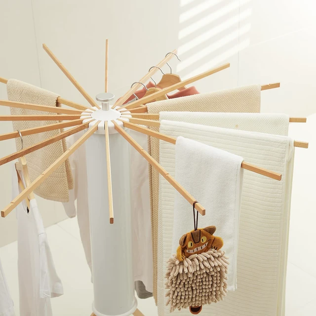 Alt view image 3 of 7 - Clothes Drying Rack, Clothing Stand, Foldable Laundry Drying Rack | Portable clothes rack with wooden rods, plastic cylinder and tripod base for apartments, balconies, RVs, camping and travel.