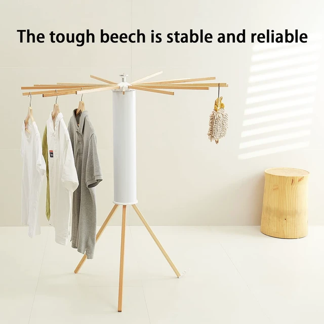 Alt view image 4 of 7 - Clothes Drying Rack, Clothing Stand, Foldable Laundry Drying Rack | Portable clothes rack with wooden rods, plastic cylinder and tripod base for apartments, balconies, RVs, camping and travel.