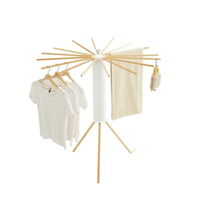 Alt view image 7 of 7 - Clothes Drying Rack, Clothing Stand, Foldable Laundry Drying Rack | Portable clothes rack with wooden rods, plastic cylinder and tripod base for apartments, balconies, RVs, camping and travel.