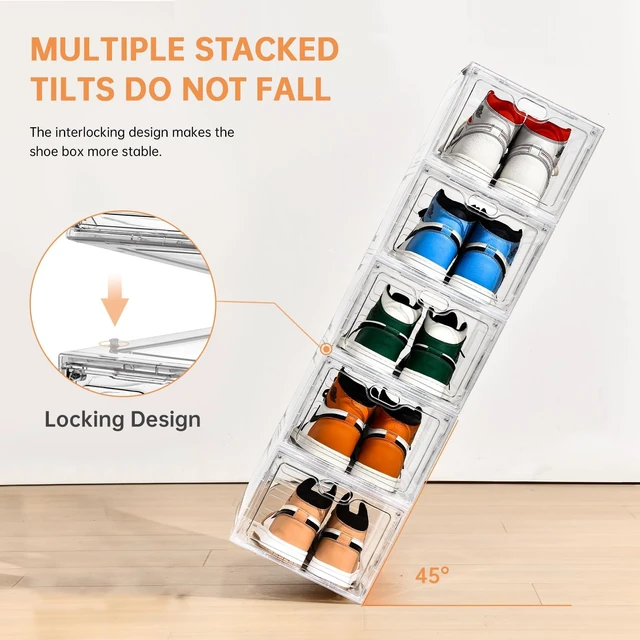 Alt view image 4 of 7 - 12 Pack Large Shoe Storage Box, Clear Shoe Storage Organizer with Magnetic Door, Stackable,Shoe Containers For Display Sneakers, Easy Assembly, Fit up to US Size 12, Clear