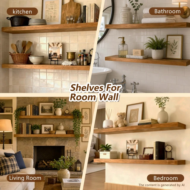Alt view image 4 of 7 - 36 Inches Long Walnut Floating Shelves | Rustic Solid Wood Farmhouse Wall Shelves with Invisible Brackets for Bathroom, Living Room, Bedroom, Kitchen Set of 2