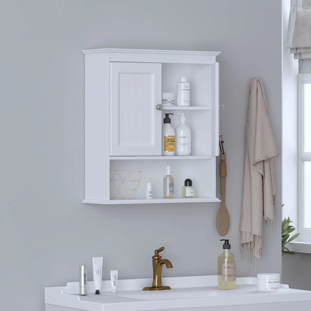Alt view image 2 of 7 - Bathroom Wall Cabinet with Beadboard Doors, White Medicine Cabinet | Adjustable Shelf, Open & Concealed Storage, Space-Saving Over-Toilet Design for Toiletries, Towels, Medicines & Decor