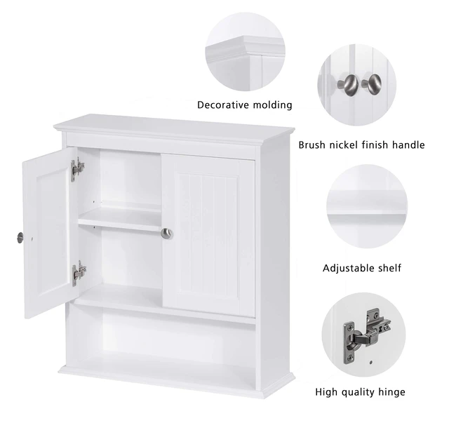 Alt view image 4 of 7 - Bathroom Wall Cabinet with Beadboard Doors, White Medicine Cabinet | Adjustable Shelf, Open & Concealed Storage, Space-Saving Over-Toilet Design for Toiletries, Towels, Medicines & Decor