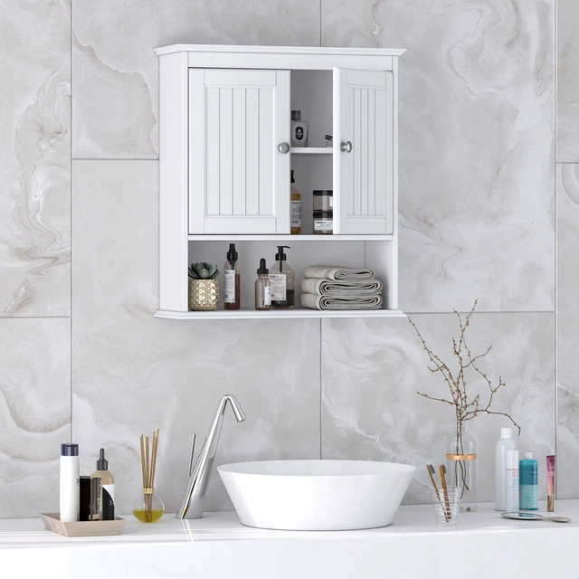 Alt view image 6 of 7 - Bathroom Wall Cabinet with Beadboard Doors, White Medicine Cabinet | Adjustable Shelf, Open & Concealed Storage, Space-Saving Over-Toilet Design for Toiletries, Towels, Medicines & Decor