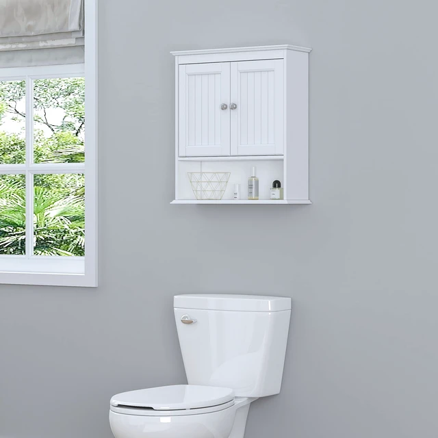 Alt view image 3 of 7 - Bathroom Wall Cabinet with Beadboard Doors, White Medicine Cabinet | Adjustable Shelf, Open & Concealed Storage, Space-Saving Over-Toilet Design for Toiletries, Towels, Medicines & Decor