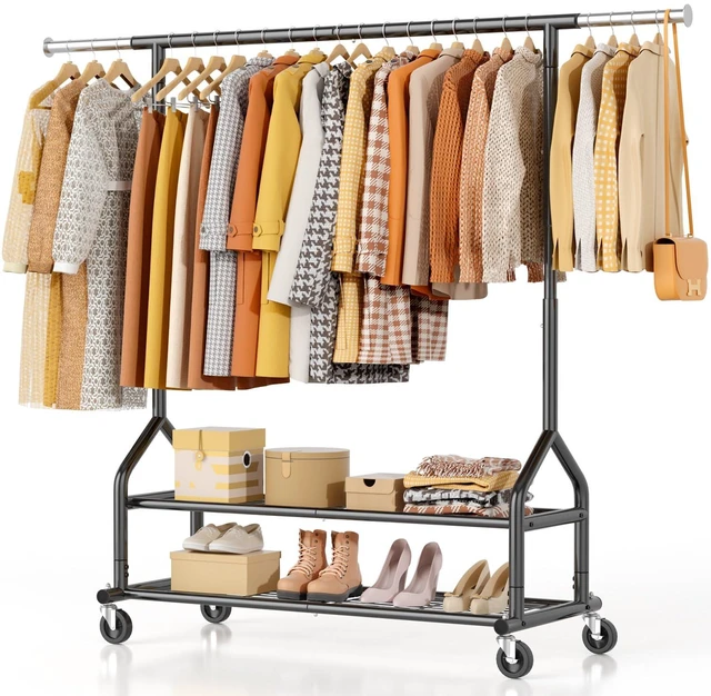 Main image of Heavy Duty Clothes Rack Load 556 LBS, Rolling Clothing Rack With Shelves, Height Adjustable Metal Clothes Hanger with Wheels Portable Wardrobe Organizer Garment Rod for Hanging Clothes (Black)