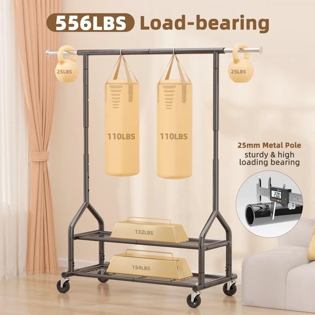 Alt view image 2 of 7 - Heavy Duty Clothes Rack Load 556 LBS, Rolling Clothing Rack With Shelves, Height Adjustable Metal Clothes Hanger with Wheels Portable Wardrobe Organizer Garment Rod for Hanging Clothes (Black)