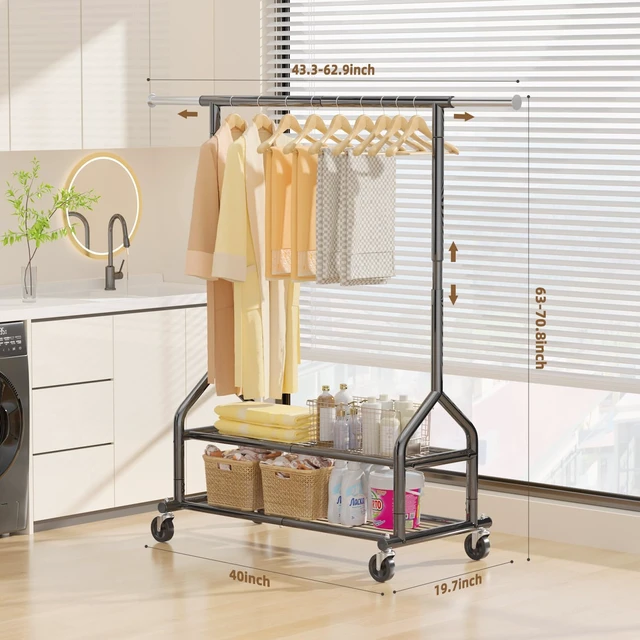 Alt view image 3 of 7 - Heavy Duty Clothes Rack Load 556 LBS, Rolling Clothing Rack With Shelves, Height Adjustable Metal Clothes Hanger with Wheels Portable Wardrobe Organizer Garment Rod for Hanging Clothes (Black)