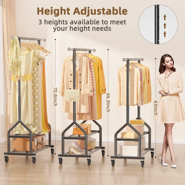 Alt view image 4 of 7 - Heavy Duty Clothes Rack Load 556 LBS, Rolling Clothing Rack With Shelves, Height Adjustable Metal Clothes Hanger with Wheels Portable Wardrobe Organizer Garment Rod for Hanging Clothes (Black)