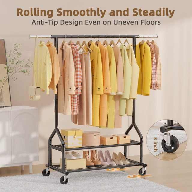 Alt view image 6 of 7 - Heavy Duty Clothes Rack Load 556 LBS, Rolling Clothing Rack With Shelves, Height Adjustable Metal Clothes Hanger with Wheels Portable Wardrobe Organizer Garment Rod for Hanging Clothes (Black)