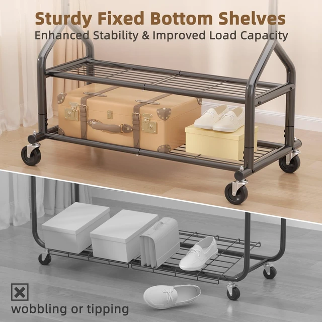Alt view image 7 of 7 - Heavy Duty Clothes Rack Load 556 LBS, Rolling Clothing Rack With Shelves, Height Adjustable Metal Clothes Hanger with Wheels Portable Wardrobe Organizer Garment Rod for Hanging Clothes (Black)