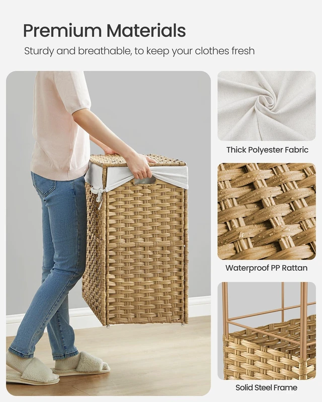 Alt view image 7 of 7 - Rolling Laundry Hamper with Lid, 160 L 3-Section Synthetic Rattan | Laundry Basket with Wheels, Removable Liner, 29.9 x 13 x 26 Inches,Natural ELIOTT Collection ULCB365N01