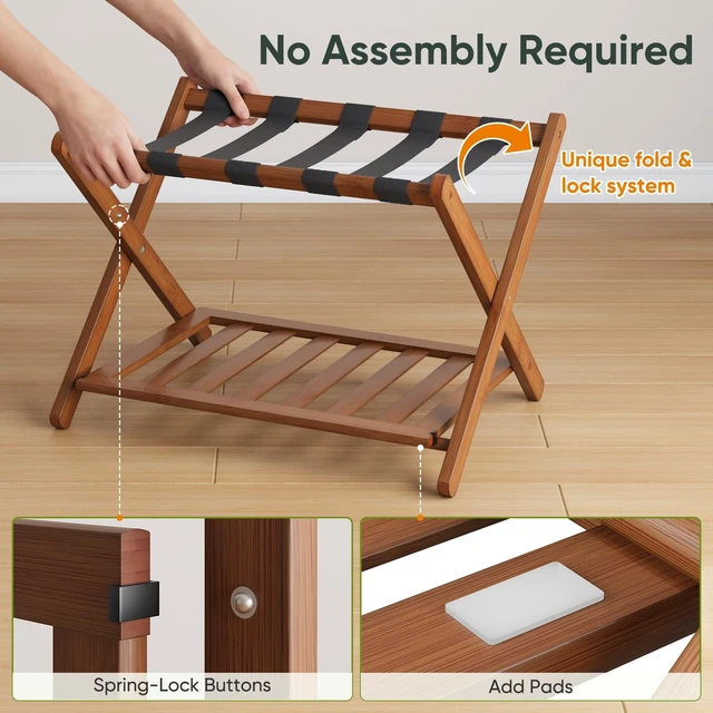 Alt view image 2 of 7 - Fully Assembled Bamboo Luggage Rack, Walnut Folding Suitcase Stand with Shoe Shelf, Heavy-Duty Luggage Holder for Guest Room Must Haves, Bedroom, Hotel, 1 Pack