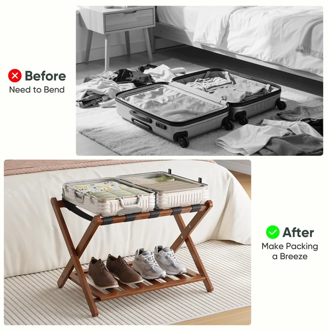 Alt view image 4 of 7 - Fully Assembled Bamboo Luggage Rack, Walnut Folding Suitcase Stand with Shoe Shelf, Heavy-Duty Luggage Holder for Guest Room Must Haves, Bedroom, Hotel, 1 Pack