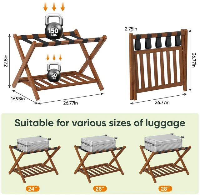 Alt view image 5 of 7 - Fully Assembled Bamboo Luggage Rack, Walnut Folding Suitcase Stand with Shoe Shelf, Heavy-Duty Luggage Holder for Guest Room Must Haves, Bedroom, Hotel, 1 Pack