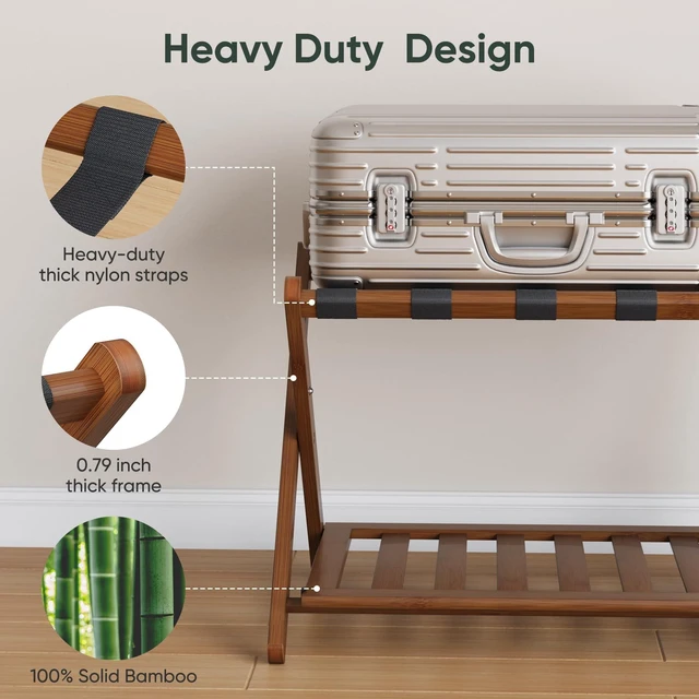 Alt view image 3 of 7 - Fully Assembled Bamboo Luggage Rack, Walnut Folding Suitcase Stand with Shoe Shelf, Heavy-Duty Luggage Holder for Guest Room Must Haves, Bedroom, Hotel, 1 Pack