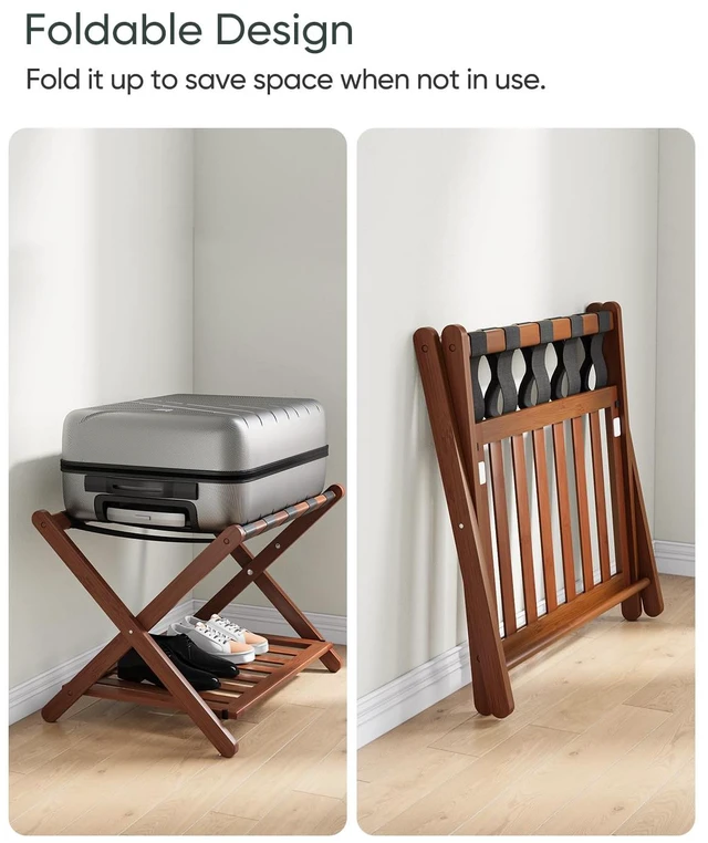Alt view image 6 of 7 - Fully Assembled Bamboo Luggage Rack, Walnut Folding Suitcase Stand with Shoe Shelf, Heavy-Duty Luggage Holder for Guest Room Must Haves, Bedroom, Hotel, 1 Pack