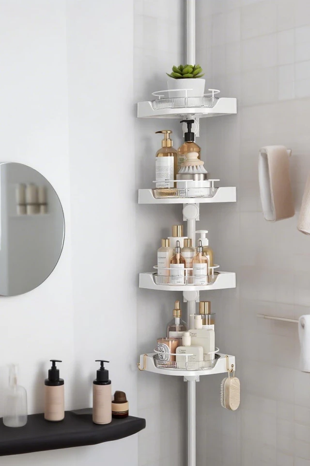Main image of 360° Rotating Corner Shower Caddy Tension Pole Organizer, White | 4-Tier rotating shelves with hooks, adjustable tray height, upgraded rustproof metal pole, removable trays for shower storage
