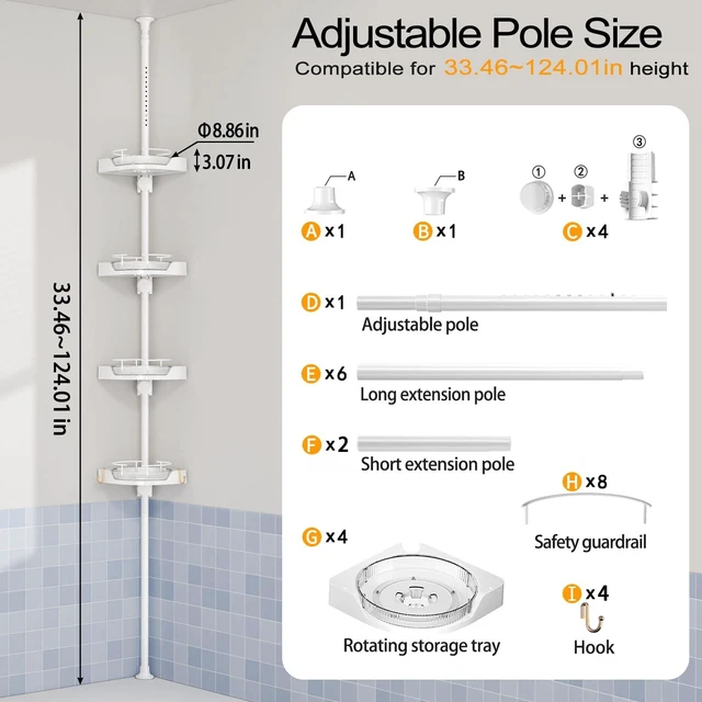 Alt view image 2 of 7 - 360° Rotating Corner Shower Caddy Tension Pole Organizer, White | 4-Tier rotating shelves with hooks, adjustable tray height, upgraded rustproof metal pole, removable trays for shower storage