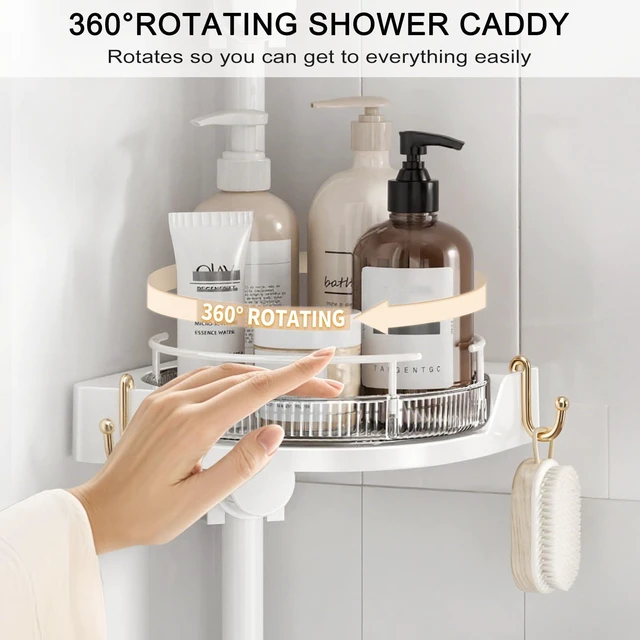 Alt view image 3 of 7 - 360° Rotating Corner Shower Caddy Tension Pole Organizer, White | 4-Tier rotating shelves with hooks, adjustable tray height, upgraded rustproof metal pole, removable trays for shower storage