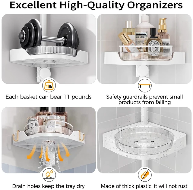 Alt view image 5 of 7 - 360° Rotating Corner Shower Caddy Tension Pole Organizer, White | 4-Tier rotating shelves with hooks, adjustable tray height, upgraded rustproof metal pole, removable trays for shower storage