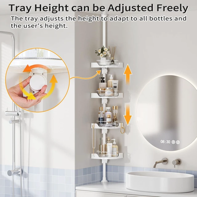 Alt view image 4 of 7 - 360° Rotating Corner Shower Caddy Tension Pole Organizer, White | 4-Tier rotating shelves with hooks, adjustable tray height, upgraded rustproof metal pole, removable trays for shower storage